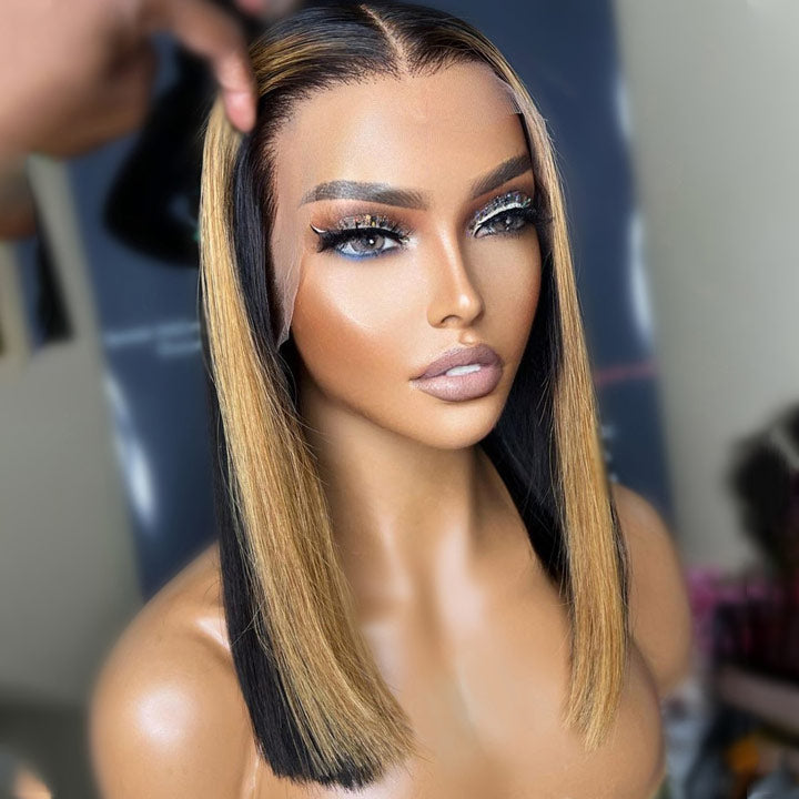 Short Straight Bob Wig 13x4 HD Transparent Lace Frontal Black Hair With Blonde Highlight Wig Real Human Hair Wig