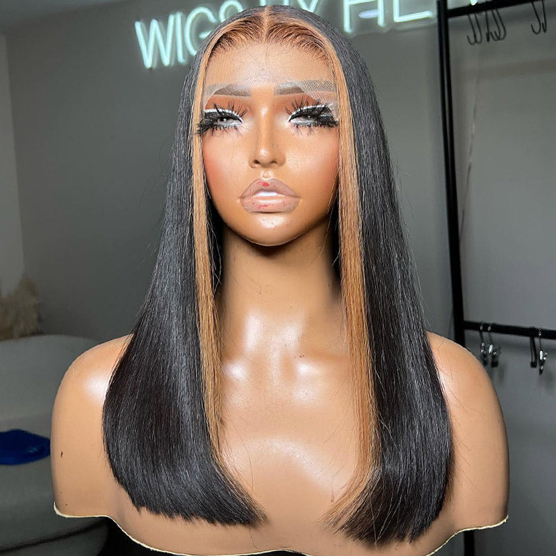 Alididi Skunk Stripe Bob Wig 13x4 Blond Highlight Straight HD Transparent Lace Frontal 100% Human Hair Wig