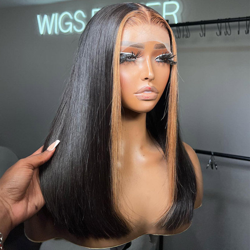 Alididi Skunk Stripe Bob Wig 13x4 Blond Highlight Straight HD Transparent Lace Frontal 100% Human Hair Wig