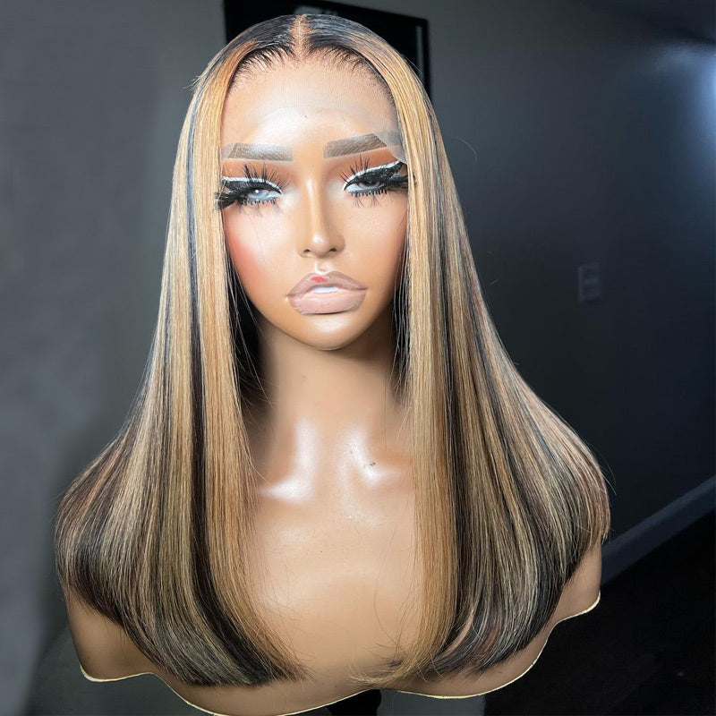 Alididi Honey Blonde Highlight Bob Wig 13x4 HD Lace Frontal Wig Straight Human Hair Pre Plucked For Women