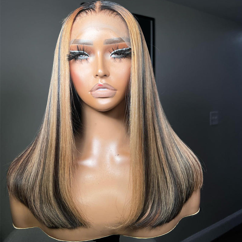 Alididi Honey Blonde Highlight Bob Wig 13x4 HD Lace Frontal Wig Straight Human Hair Pre Plucked For Women