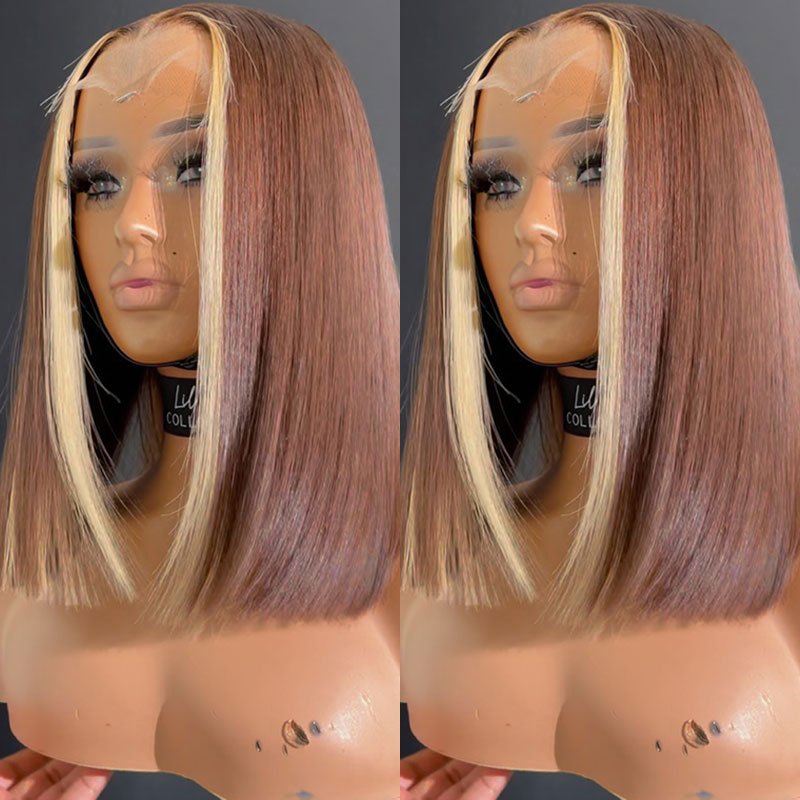 Short Straight Bob Wig Honey Blonde Highlight 13x4 HD Transparent Lace Frontal Wig Pre Plucke 100% Human Hair Wig