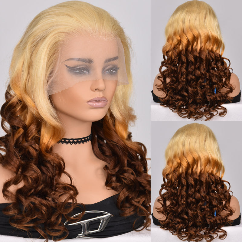 Luxury Bouncy Curly/Straight 613 Blonde Ombre Chocolate Wig 13x4 HD Lace Frontal Pre Plucked Blonde Human Hair Wigs