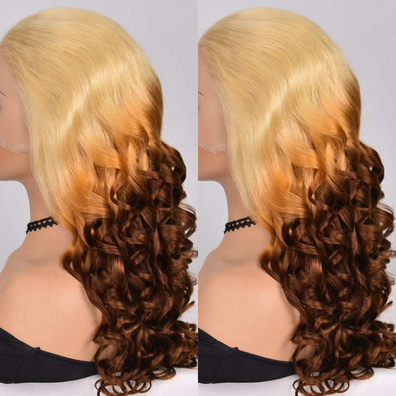 Luxury Bouncy Curly/Straight 613 Blonde Ombre Chocolate Wig 13x4 HD Lace Frontal Pre Plucked Blonde Human Hair Wigs