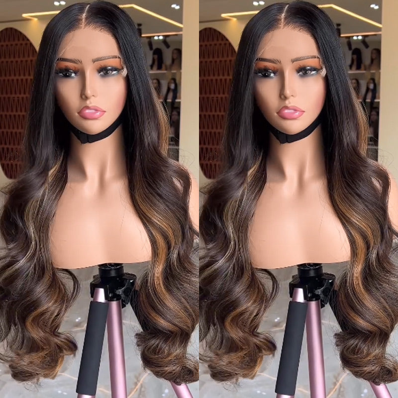 Luxury Wig Ombre Natural Black Mixed Honey Blonde Highlight Wig 13x4 HD Transparent Lace Frontal Body Wave Human Hair Wig