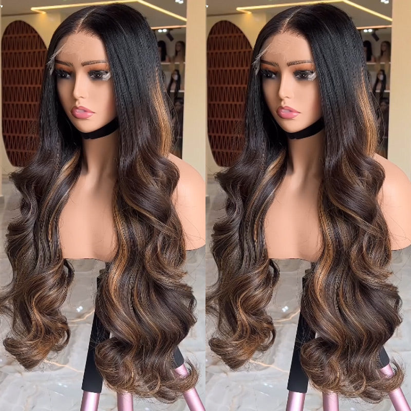 Luxury Wig Ombre Natural Black Mixed Honey Blonde Highlight Wig 13x4 HD Transparent Lace Frontal Body Wave Human Hair Wig