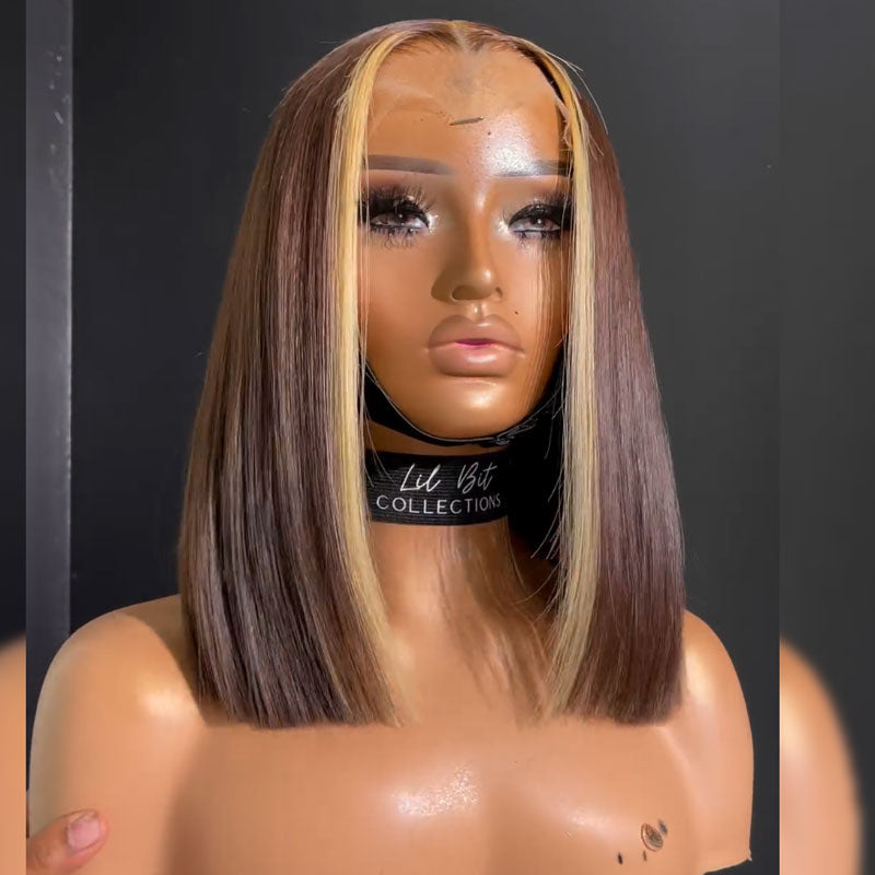 Short Straight Bob Wig Honey Blonde Highlight 13x4 HD Transparent Lace Frontal Wig Pre Plucke 100% Human Hair Wig