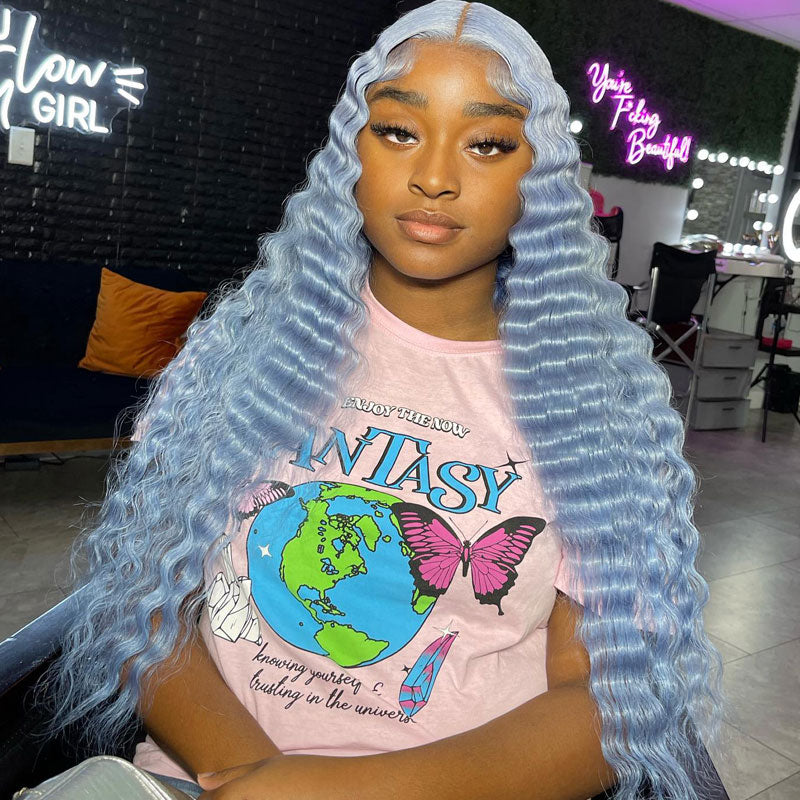 Pale Blue Wig 13x4 HD Transparent Lace Frontal Deep Wave Wig Pre Plucked Real Human Hair Wig-Alididihair