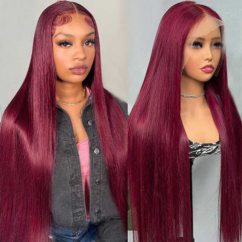 13x4 HD Transparent 99J Burgundy Lace Frontal Wigs Straight Human Hair Wig-AlididiHair
