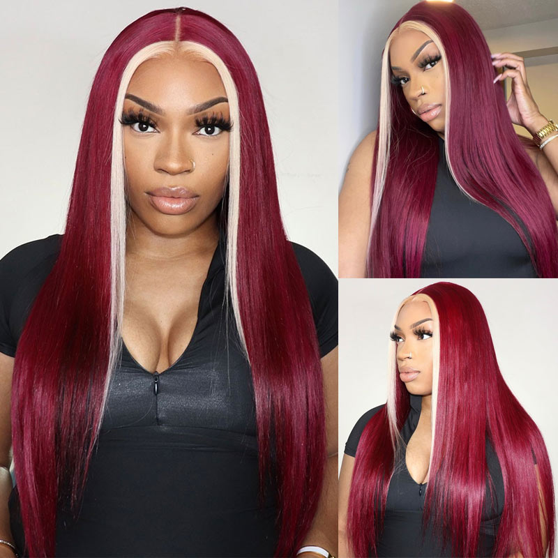 Skunk Stripe Wig 613 Blonde With Burgundy 4x4/13x4 HD Transparent Lace Front Straight Human Hair Wig