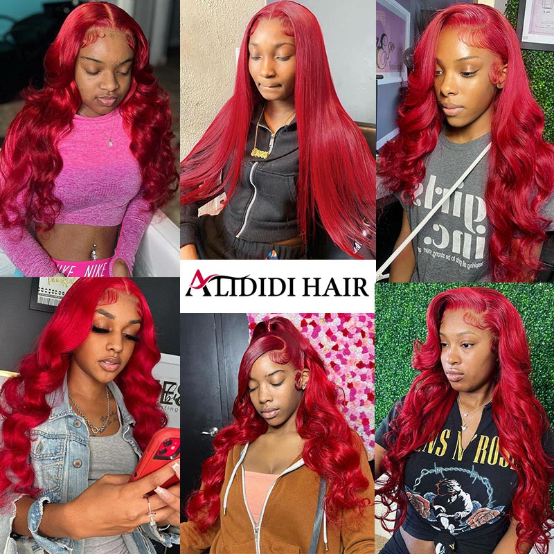 13x4 HD Transparent Red Lace Front Body Wave/Straight Hair Wig Real Human Hair Wigs Pre Plucked-Alididihair