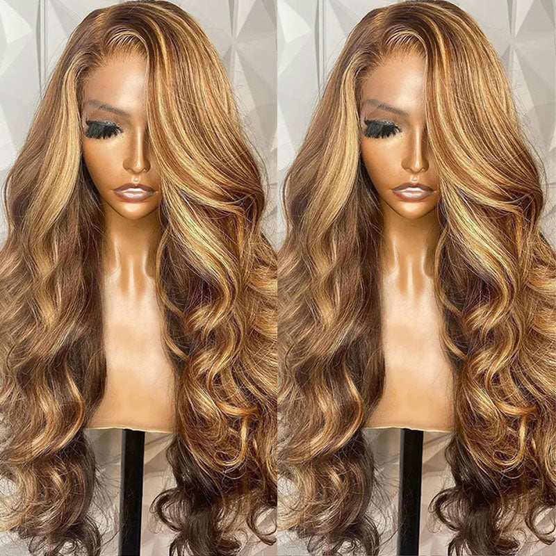 Body Wave Ombre Highlight 13x4 HD Transparent 4/27 Honey Blonde Lace Frontal Wigs Pre Plucked-AlididiHair