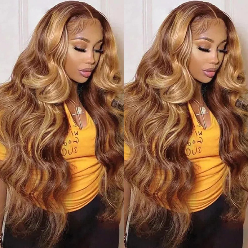 Body Wave Ombre Highlight 13x4 HD Transparent 4/27 Honey Blonde Lace Frontal Wigs Pre Plucked-AlididiHair