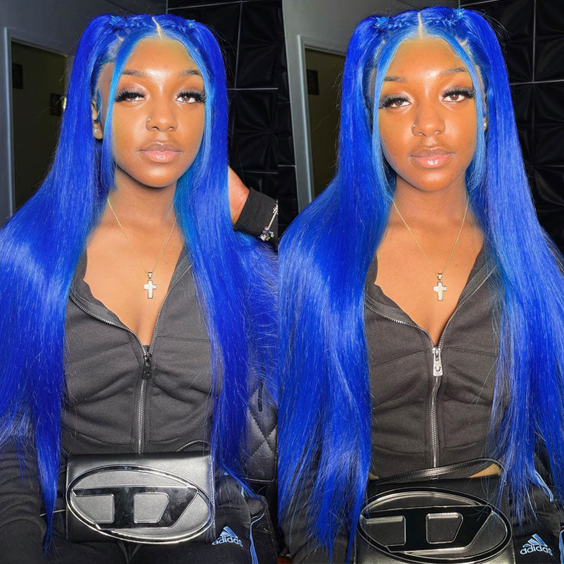 Straight Hair 13x4 HD Transparent Lace Frontal Blue Human Hair Wig-AlididiHair