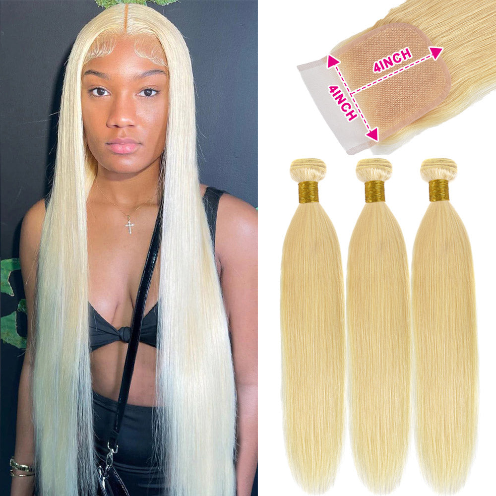 Alididi 613 Honey Blonde Straight Hair 3 Bundles With 4x4 Closure Human Hair