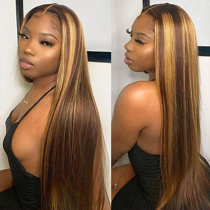 Ombre Highlight 13x4 HD Transparent 4/27 Honey Blonde Lace Frontal Wigs Straight Humna Hair Wig-AlididiHair