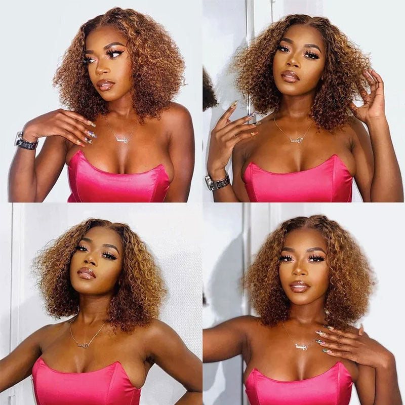 Under $100 | Alididi Short Bob Wig Honey Blonde Highlight #4/27 Curly Human Hair Wig 4x4/13x4 Lace Frontal Wig Super Deal
