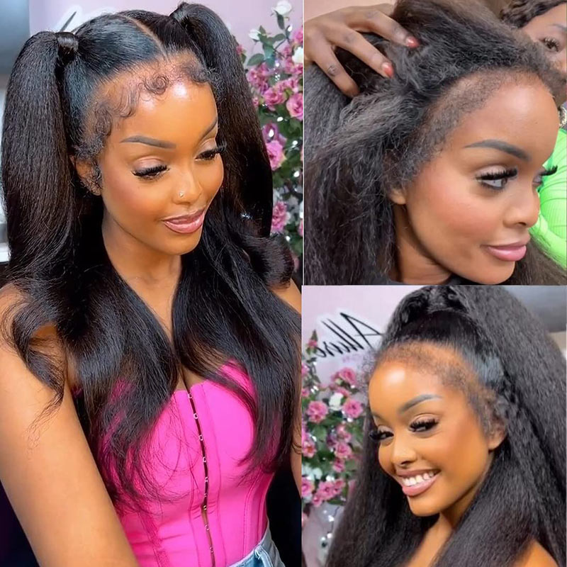 Natural 4C Edges Kinky Straight 13x4 HD Transparent Lace Front Wig With 4C Hairline Kinky Edges-AlididiHair