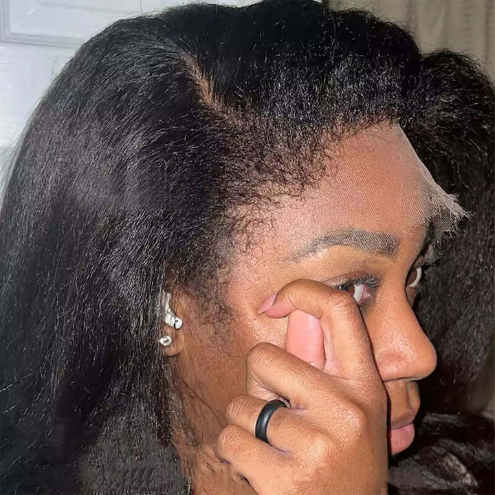 Natural 4C Edges Kinky Straight 13x4 HD Transparent Lace Front Wig With 4C Hairline Kinky Edges-AlididiHair