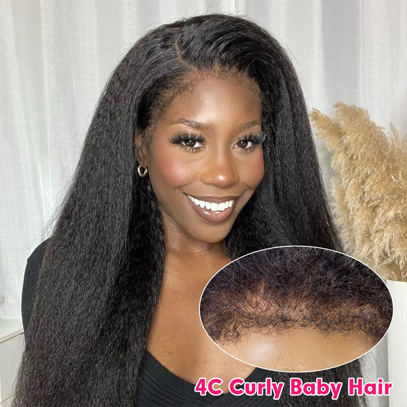 Natural 4C Edges Kinky Straight 13x4 HD Transparent Lace Front Wig With 4C Hairline Kinky Edges-AlididiHair