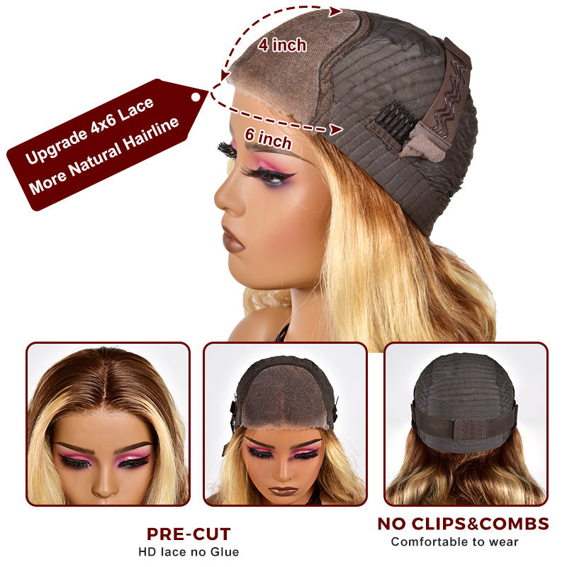 Wear And Go Wig Body Wave Blond Highlights Pre Cut 4x6 HD Lace Closure Glueless Human Hair Wigs-Alididihair