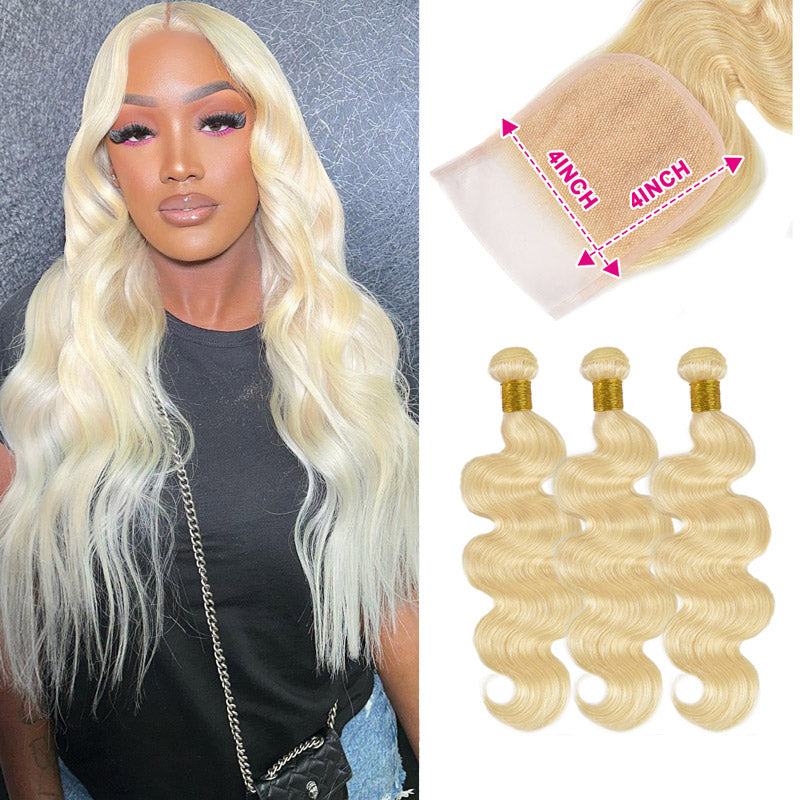 Alididi 613 Honey Blonde Body Wave 3 Bundles With 4x4 Closure Human Hair