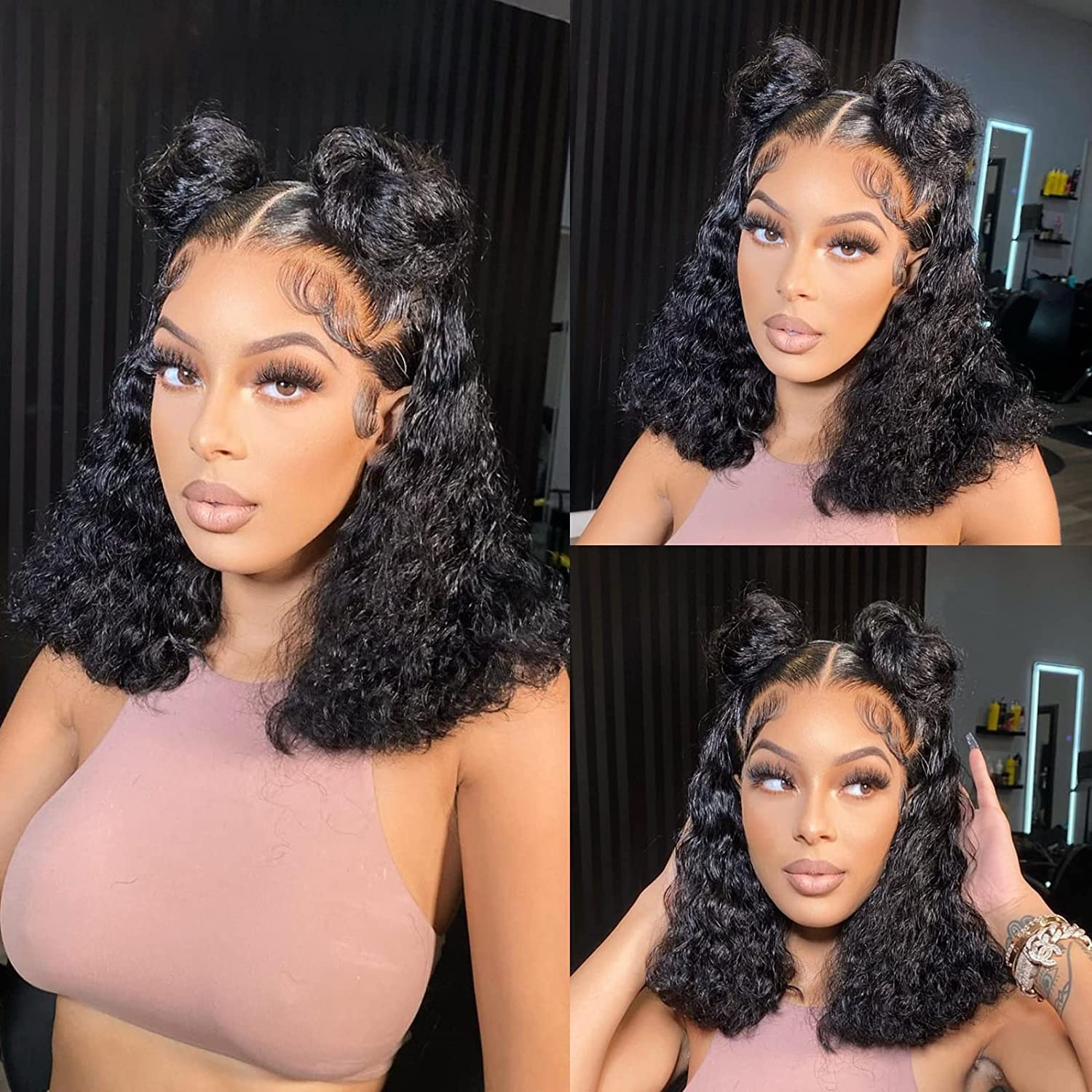 Buy 13x4 Lace Frontal Short Curly Bob Wig Get Straight Ombre Highlight 4x4 Short Bob Wig For Free