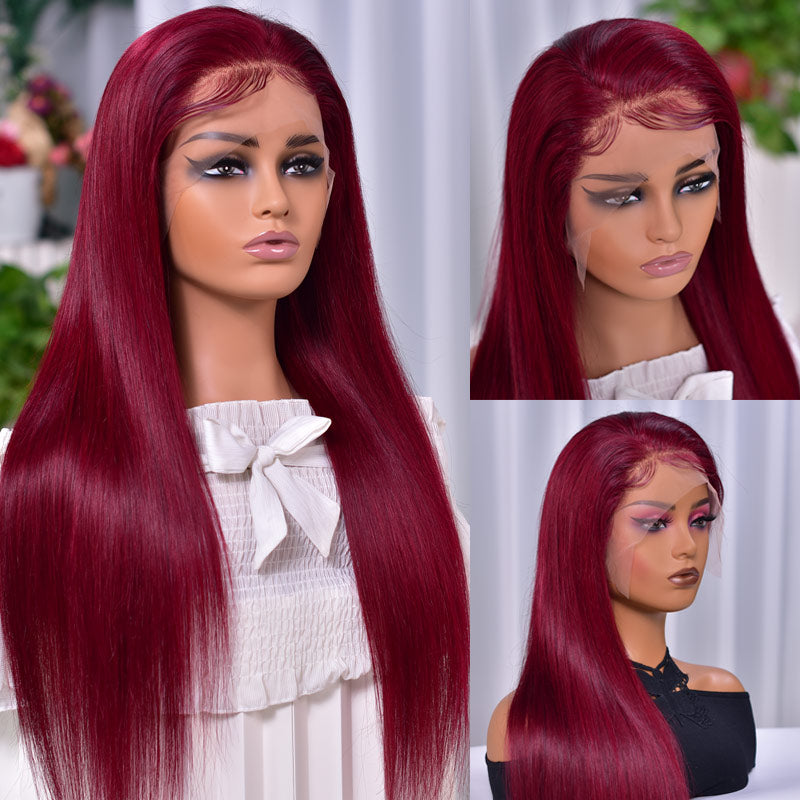 13x4 HD Transparent 99J Burgundy Lace Frontal Wigs Straight Human Hair Wig-AlididiHair