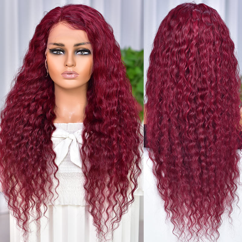 99J Water Wave 4x4/13x4 HD Lace Front Wigs Pre Plucked with Baby Hair Wine Red Colored Frontal Curly Human Hair Wig