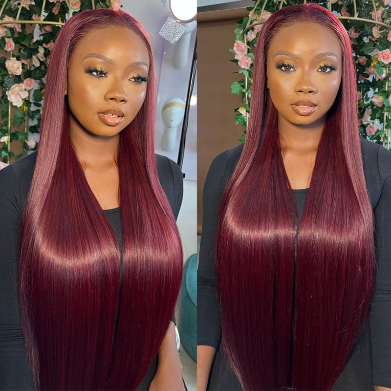 13x6 HD Transparent Lace Front wig Burgundy 99J Lace Front Wigs Human Hair Pre Plucked with Baby Hair