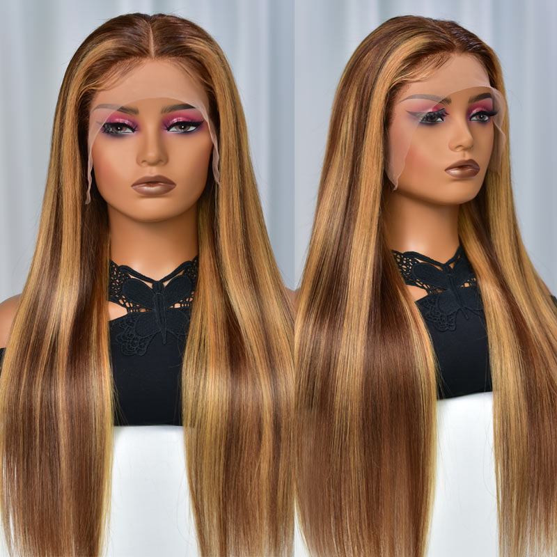 Ombre Highlight 13x4 HD Transparent 4/27 Honey Blonde Lace Frontal Wigs Straight Humna Hair Wig-AlididiHair