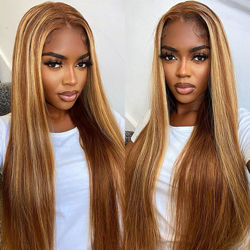 Highlight Ombre 4x4/13x4 HD Transparent Lace Front Wig 4/27 Honey Blonde Straight human Hair Wig-Alididihair