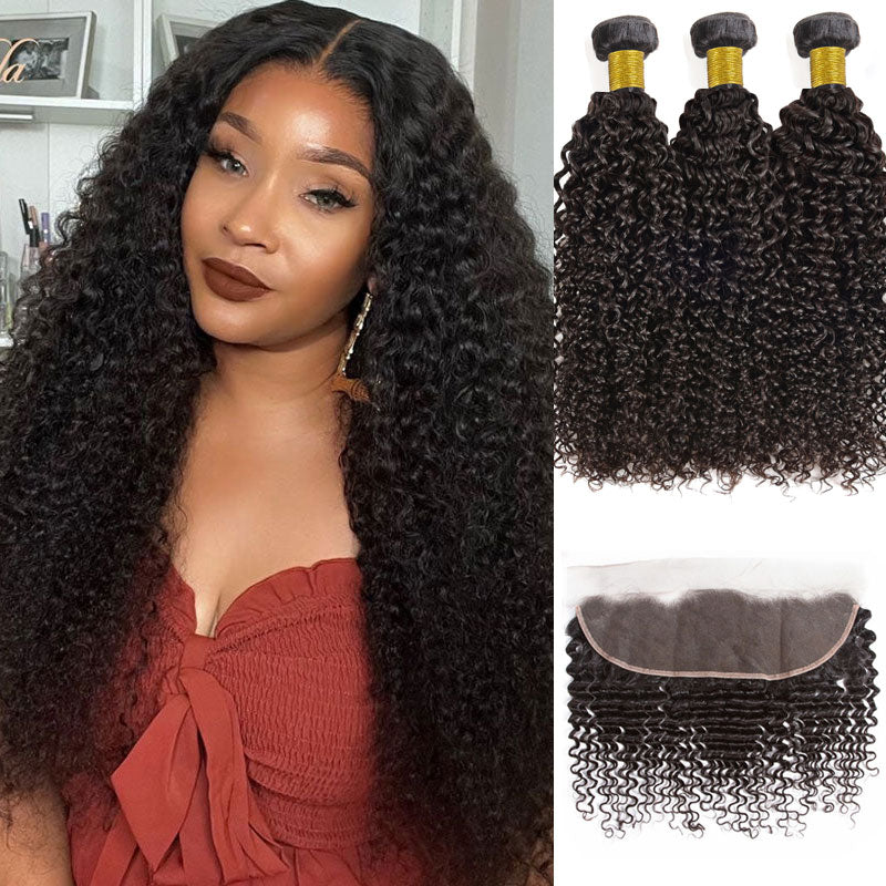 Alididi Jerry Curly 3 Bundles With 13x4 Transparent Frontal 100% Human Hair