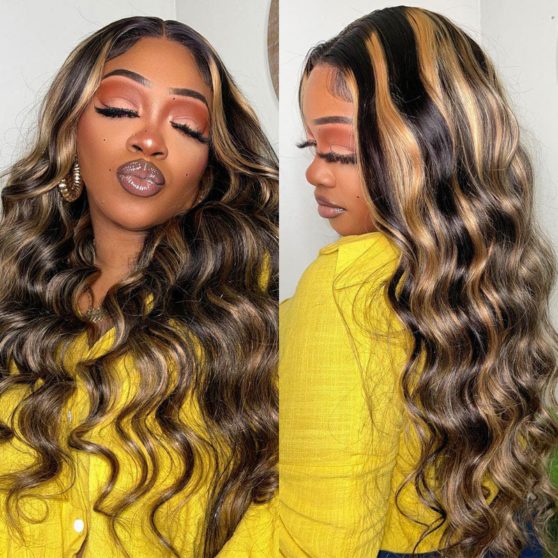 Body Wave Balayage Hair 13x4/4x4 HD Transparent Lace Frontal Wig Black Hair With Blonde Highlights Human Hair Wig-Alididihair