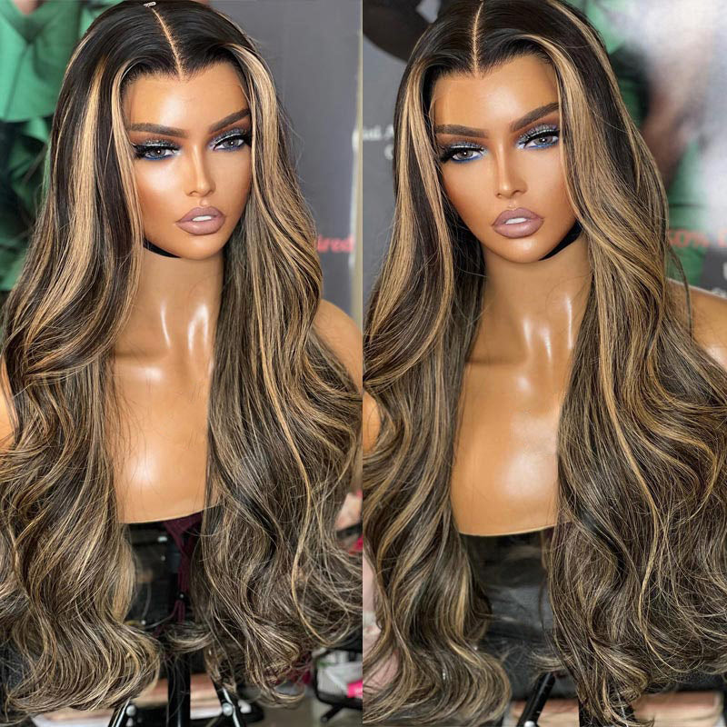 Balayage Highlight Hair 13x4 HD Transparent Lace Front Body Wave Human Hair Wig Pre Plucked Honey Blonde Brown Wigs-Alididihair