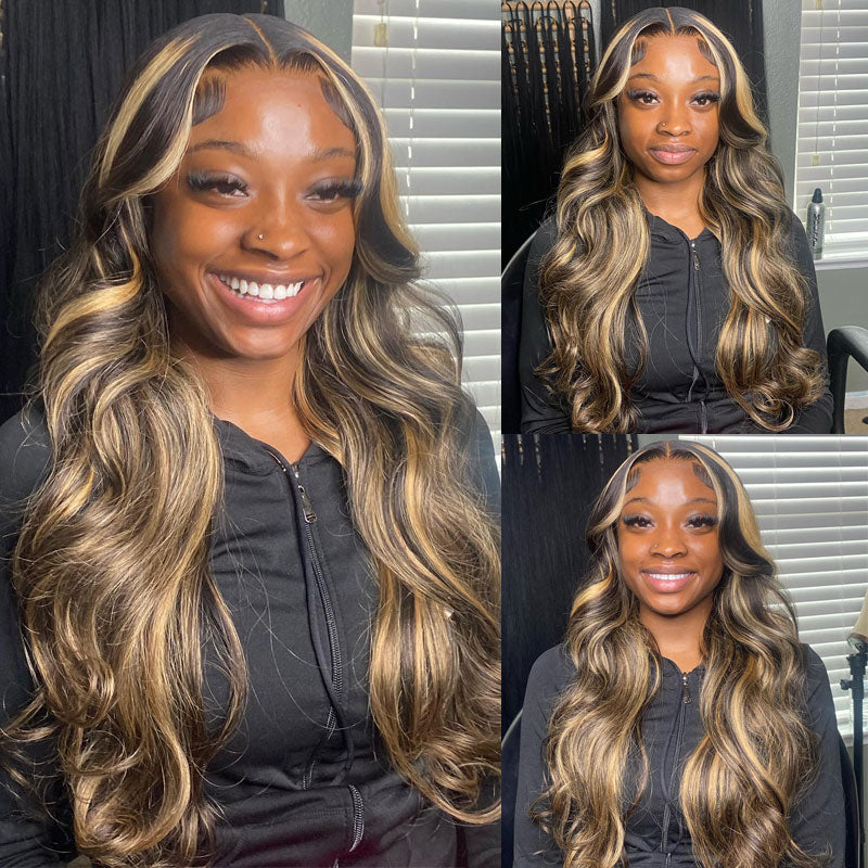 Body Wave Balayage Hair 13x4/4x4 HD Transparent Lace Frontal Wig Black Hair With Blonde Highlights Human Hair Wig-Alididihair