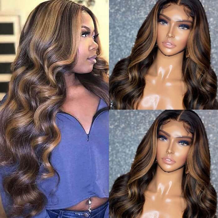 Balayage Straight Hair 13x4/4x4 HD Transparent Lace Frontal Wig Black Hair With Blonde Highlights Human Hair Wig-Alididihair