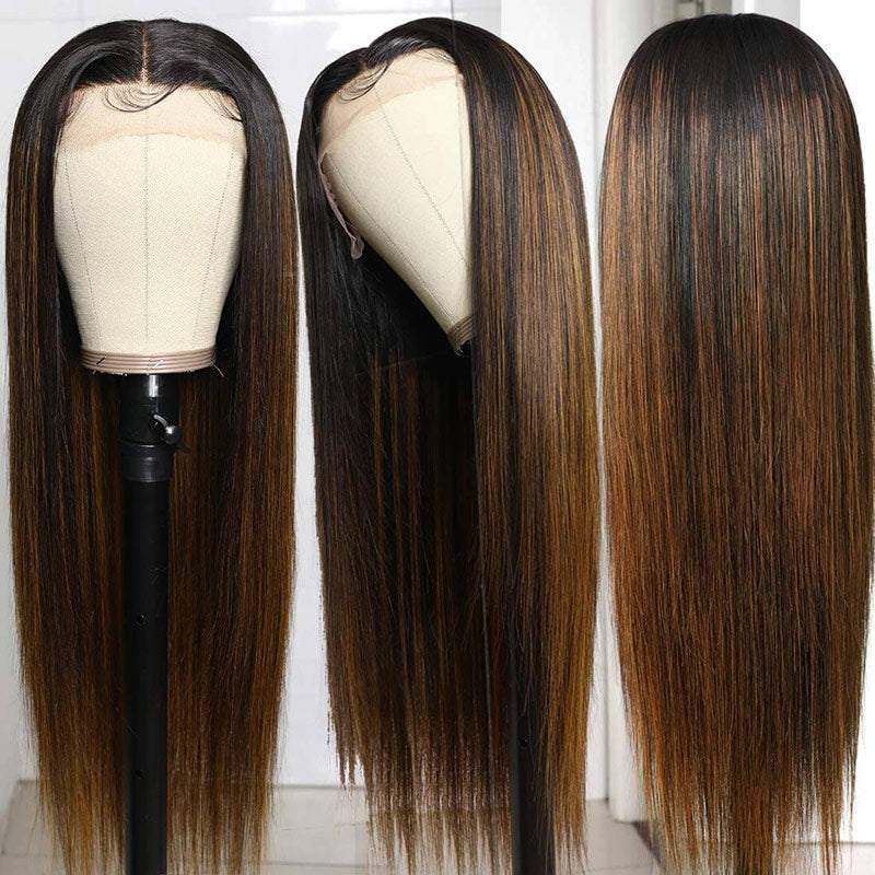 Balayage Straight Hair 13x4/4x4 HD Transparent Lace Frontal Wig Black Hair With Blonde Highlights Human Hair Wig-Alididihair