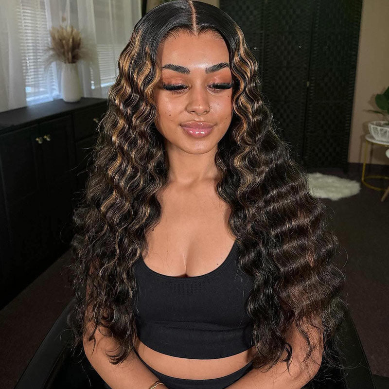 Balayage Highlight Hair Loose Deep Wave 13x4 HD Transparent Lace Frontal Human Hair Wig Pre Plucked Honey Blonde Brown Wigs-Alididi