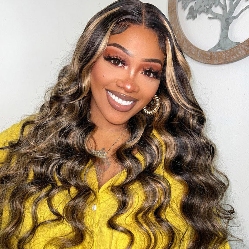 Body Wave Balayage Hair 13x4/4x4 HD Transparent Lace Frontal Wig Black Hair With Blonde Highlights Human Hair Wig-Alididihair