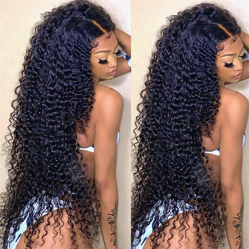 Natural Black Wig Long Curly Hair 13x4 Transparent Lace Frontal Wig Pre Plucke Real Human Hair-Alididi