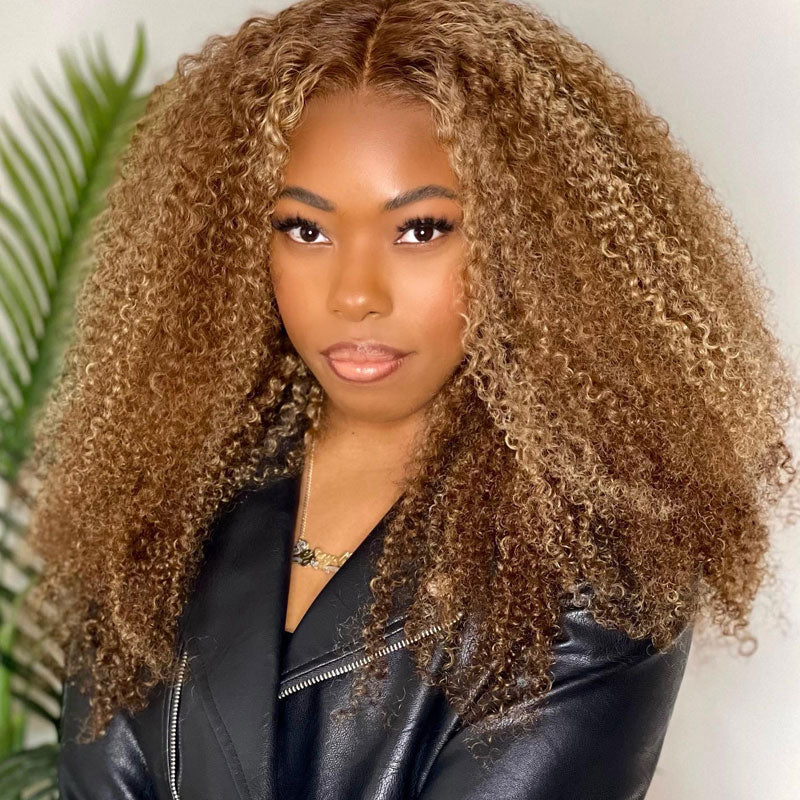 {Super Deal}  Jeery Curly 4/27 Honey Blonde Highlight Wig 13x4 HD Transparent Lace Frontal Wigs Pre Plucked 100% Human Hair Wig-Alididihair