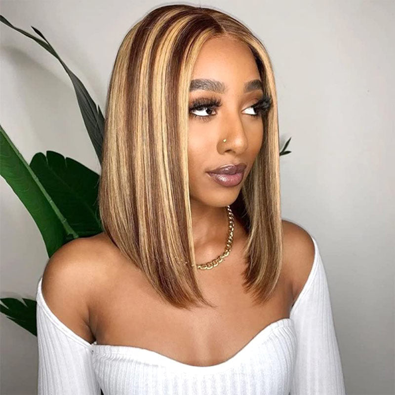 Ombre Highlight Straight Blonde Brown Short Bob 13x4 HD Lace Front Wig Human Hair Wig-alididihair