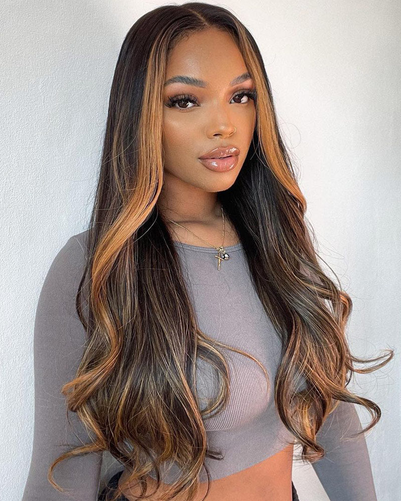 Blonde Hair With Highlight Wig Body Wave 13x4 HD Transpatent Lace Frontal Wig Pre-Plucked Real Human Hair Wig-Alididihair
