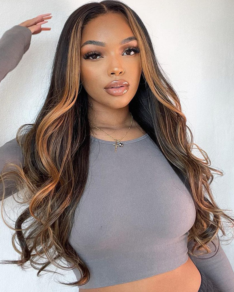 Blonde Hair With Highlight Wig Body Wave 13x4 HD Transpatent Lace Frontal Wig Pre-Plucked Real Human Hair Wig-Alididihair