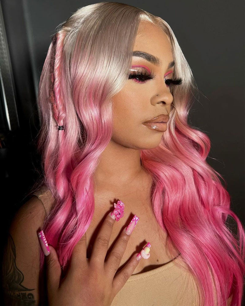 Body Wave Blonde To Pink Ombre Wig 13x4 HD Transparent Lace Frontal Pre Plucked With Baby Hair-Alididihair
