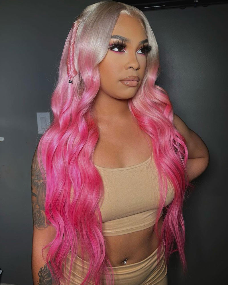 Body Wave Blonde To Pink Ombre Wig 13x4 HD Transparent Lace Frontal Pre Plucked With Baby Hair-Alididihair