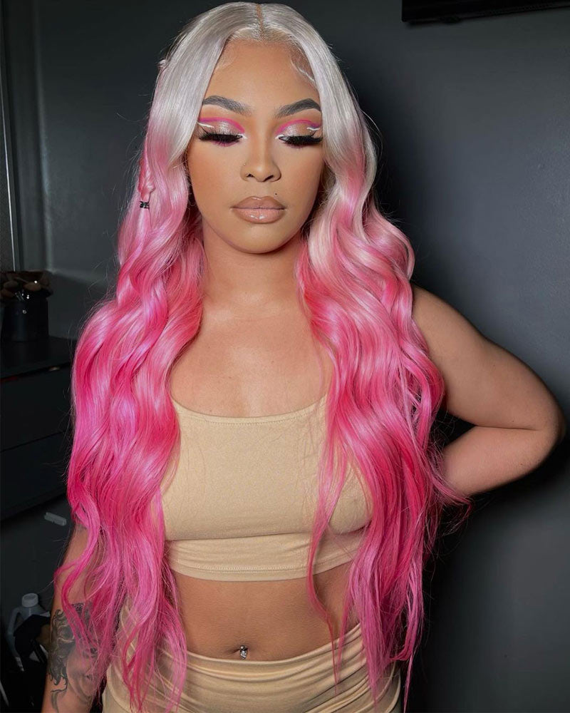 Body Wave Blonde To Pink Ombre Wig 13x4 HD Transparent Lace Frontal Pre Plucked With Baby Hair-Alididihair