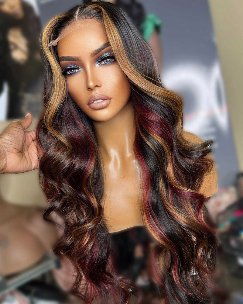 Body-Wave-Black-With-Red-Blonde-Highlights-Glueless-Frontal-Wig-Pre-Plucked-with-Baby-Hair