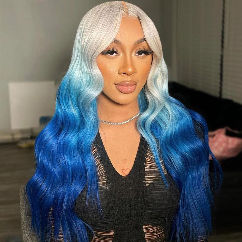 Body Wave Blonde To blue Ombre Wig 13x4 HD Transparent Lace Frontal Pre Plucked With Baby Hair-Alididihair